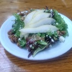 Pear & Blue Cheese Salad with mixed greens, candied walnuts, balsamic vinaigrette 