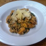 Pumpkin Risotto with Swiss chard, walnuts, sweet peppers, dry jack cheese 