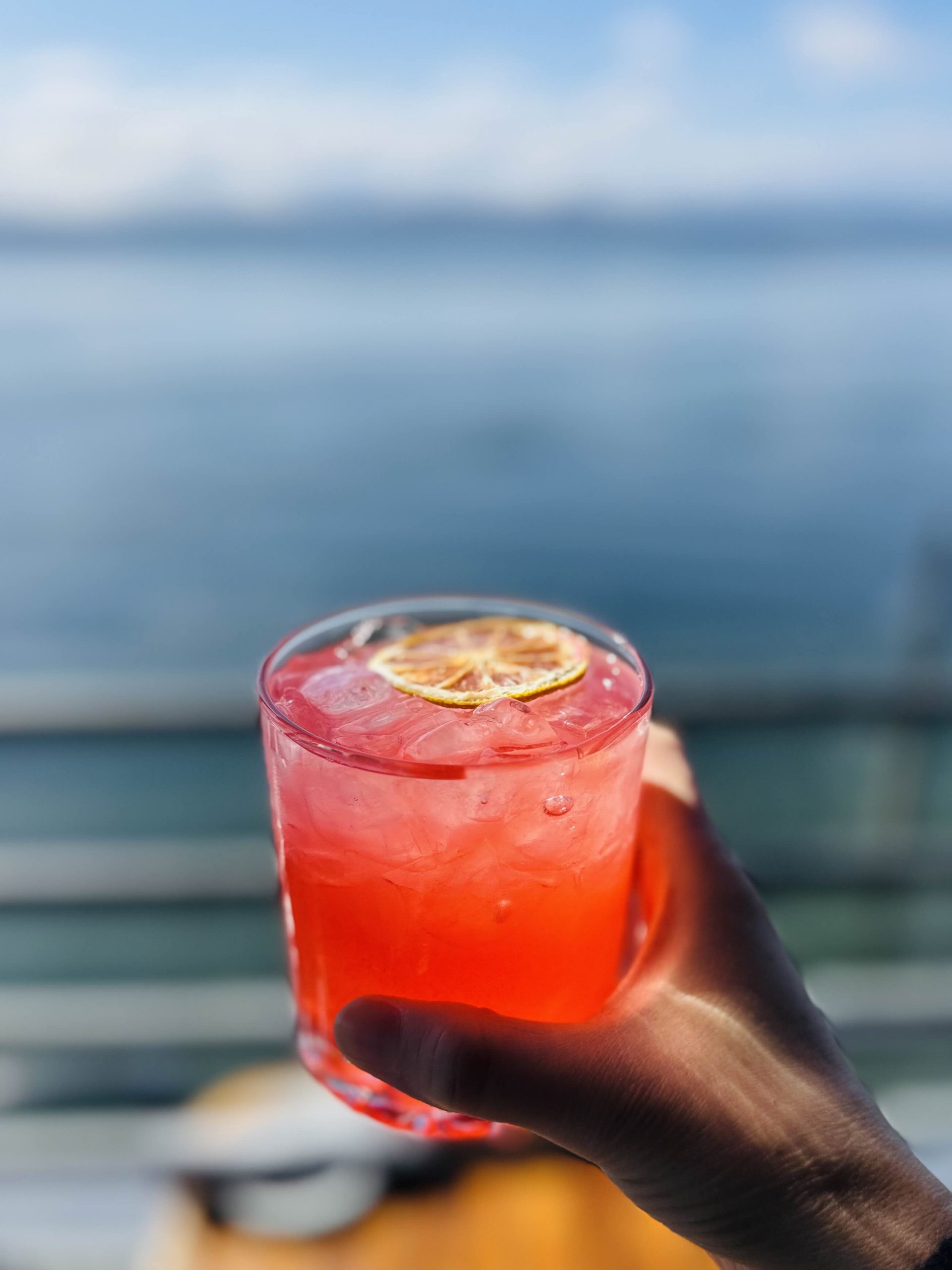 Hand holding a cocktail overlooking the water views at Ray's