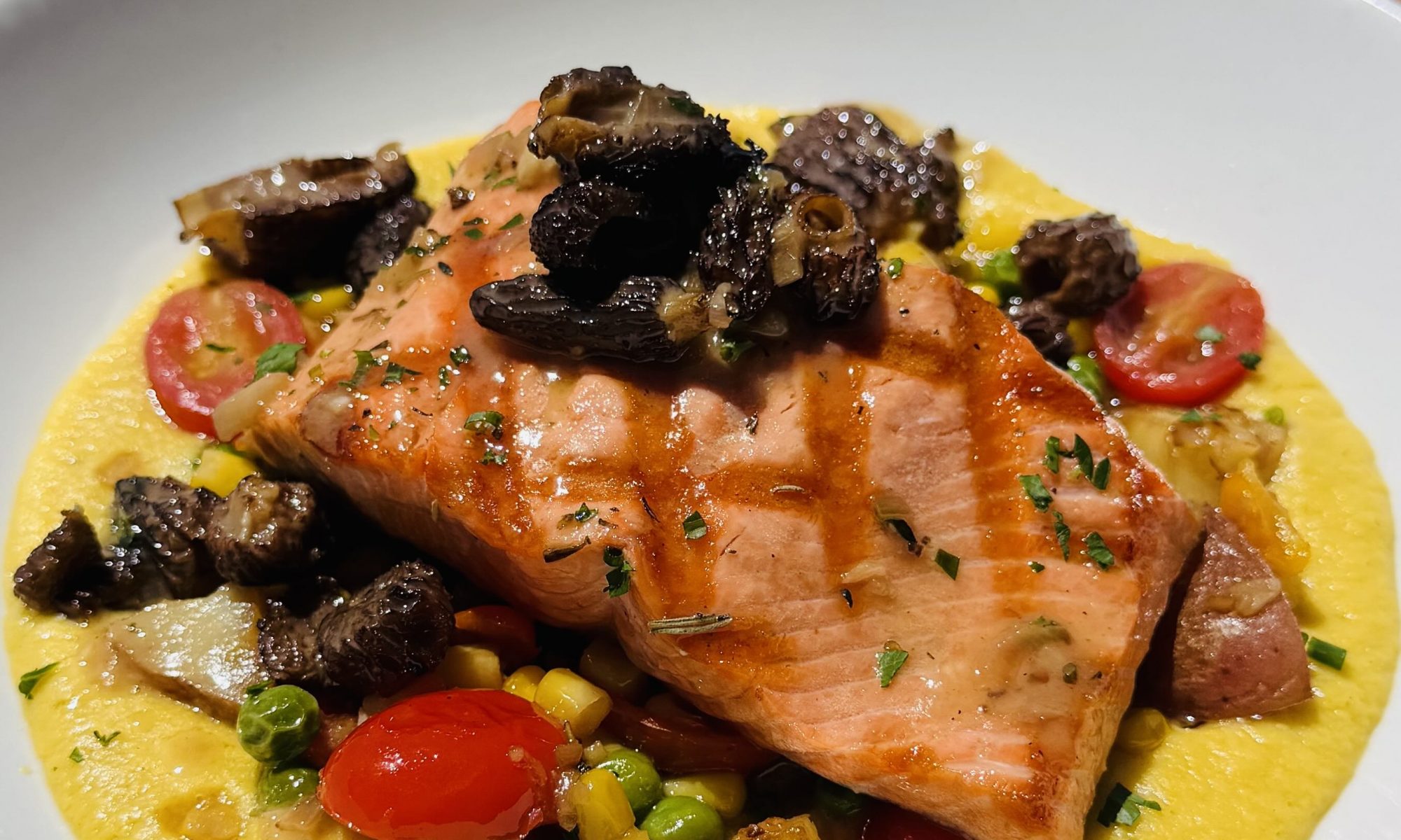 Copper River Salmon at Ray's boathouse with corn puree and morels