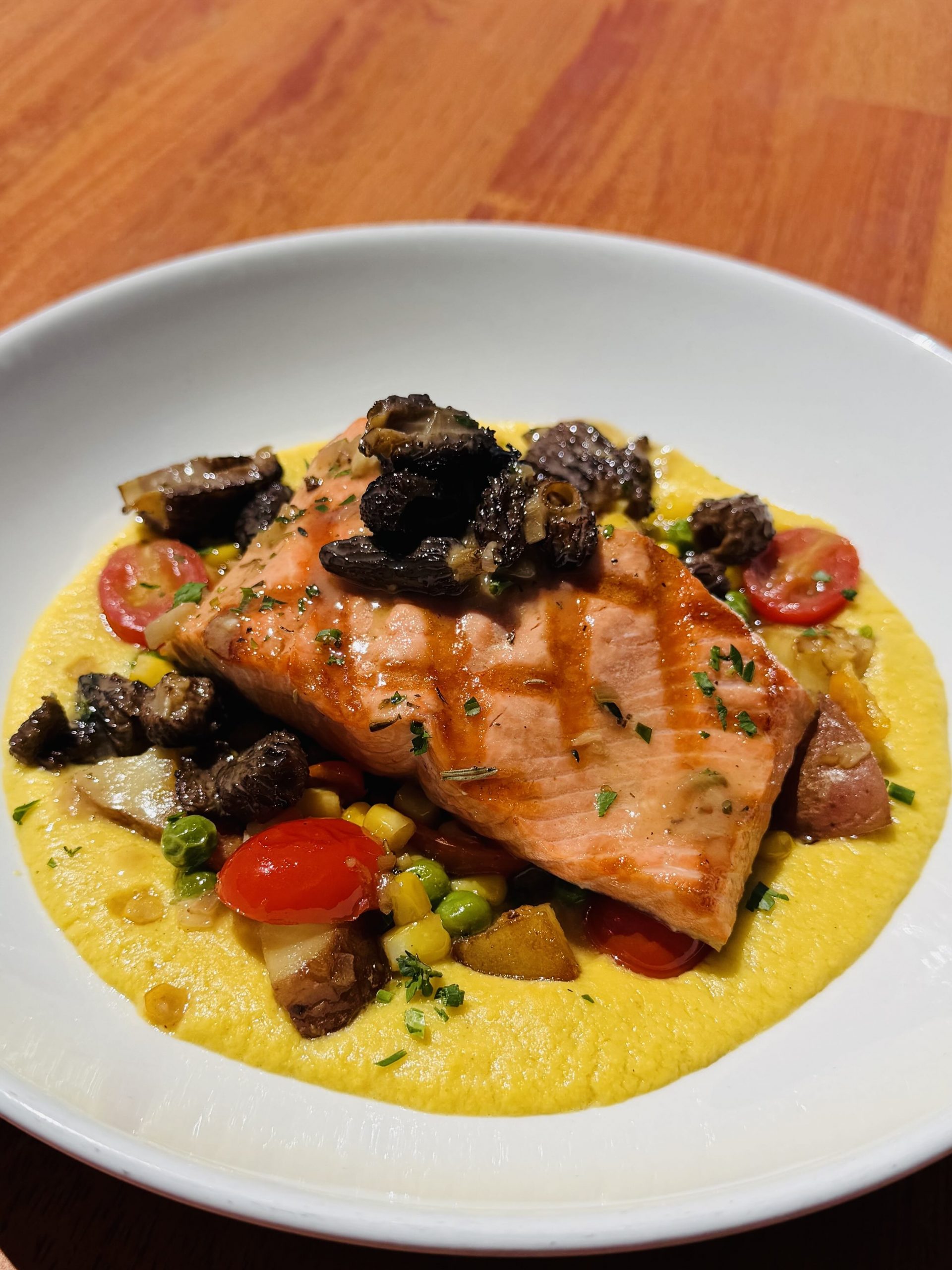 Copper River Salmon at Ray's boathouse with corn puree and morels